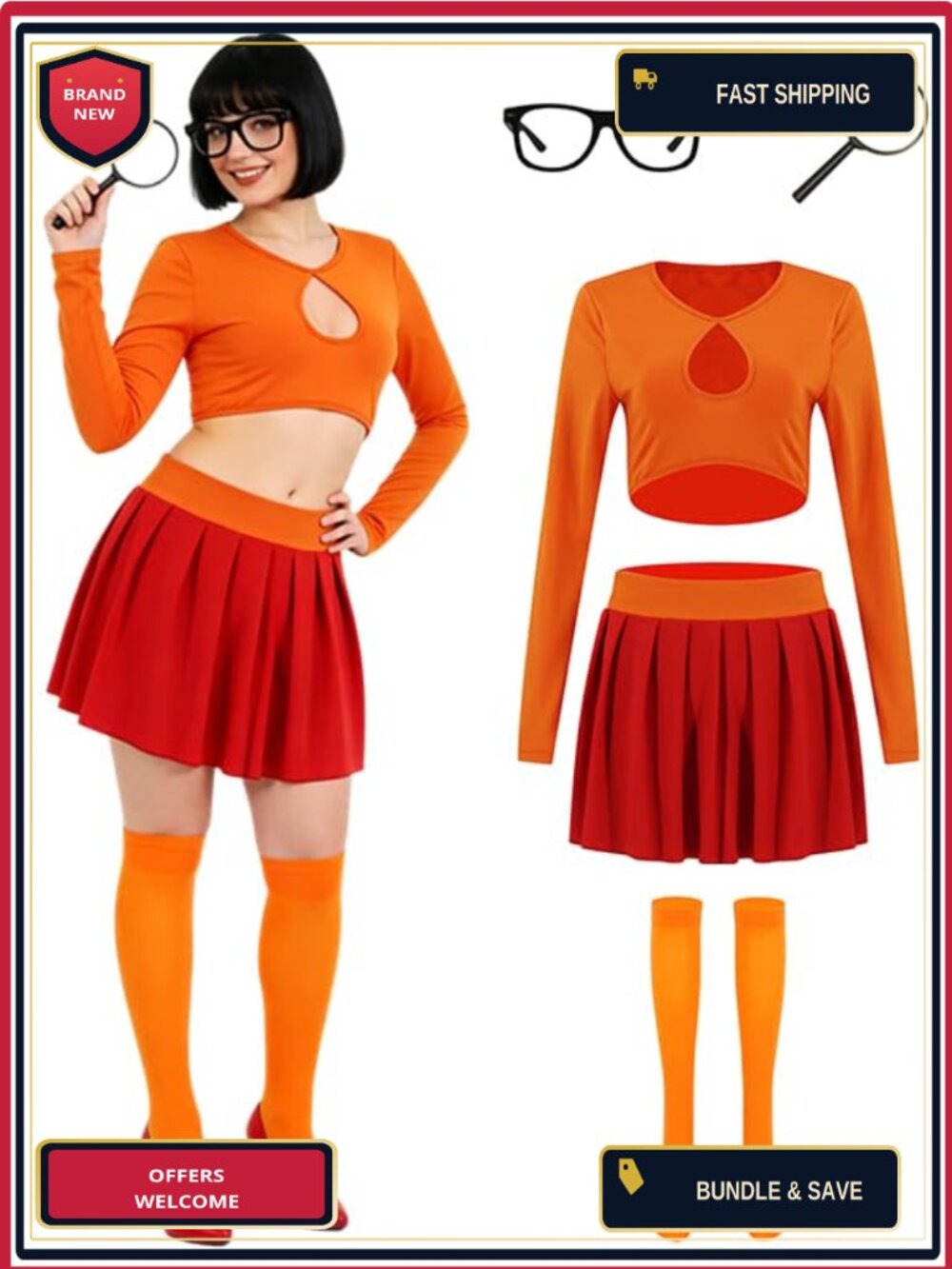 Halloween Costume Set Long Sleeve Crop Top Mini Skirt Stockings Scarf Cosplay